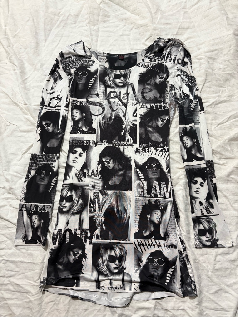 Y2K Co-me Coma Black & White Photo Collage Long Sleeve Tunic- Size medium